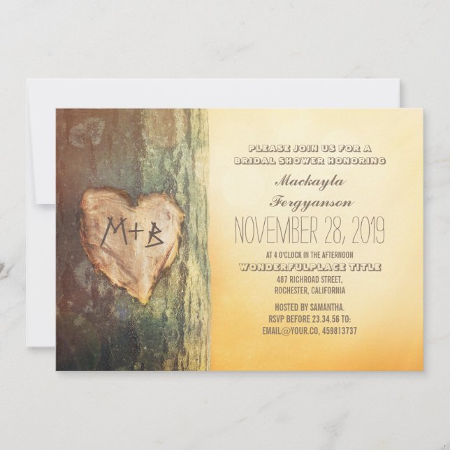 Invitation Fête des mariées d'arbre cardiaque sculpté rustiqu (Devant)