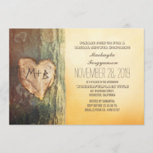Invitation Fête des mariées d'arbre cardiaque sculpté rustiqu