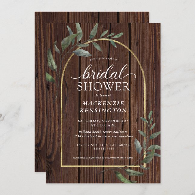 Invitation Fête des mariées d'arc en or Eucalyptus en bois ru (Devant / Derrière)