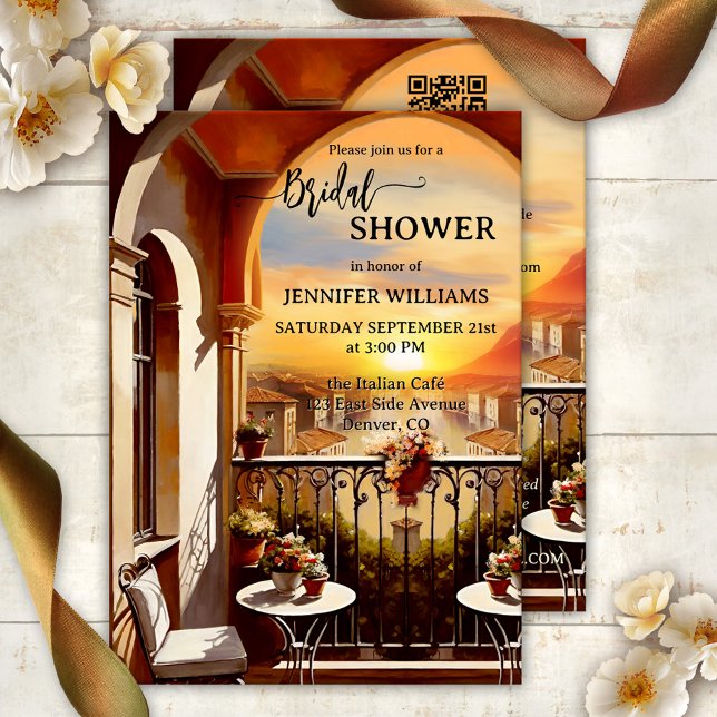 Invitation Fête des mariées d'art romantique italien (Bridal shower invitation featuring a painting of an Italian balcony with a view of a sunset - QR)
