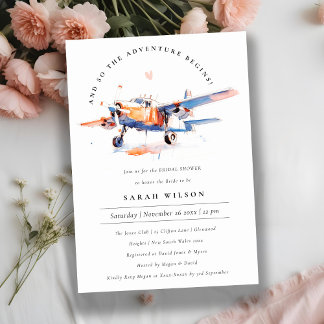 Invitation Fête des mariées d'avion bleu orange chic