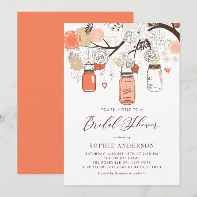 Invitation Fête des mariées de bocaux de pêche orange (Devant / Derrière)