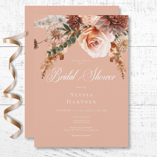 Invitation Fête des mariées de broche et de rouille florale d (Boho Peach & Rust Floral Peach Blush Bridal Shower Invitation)
