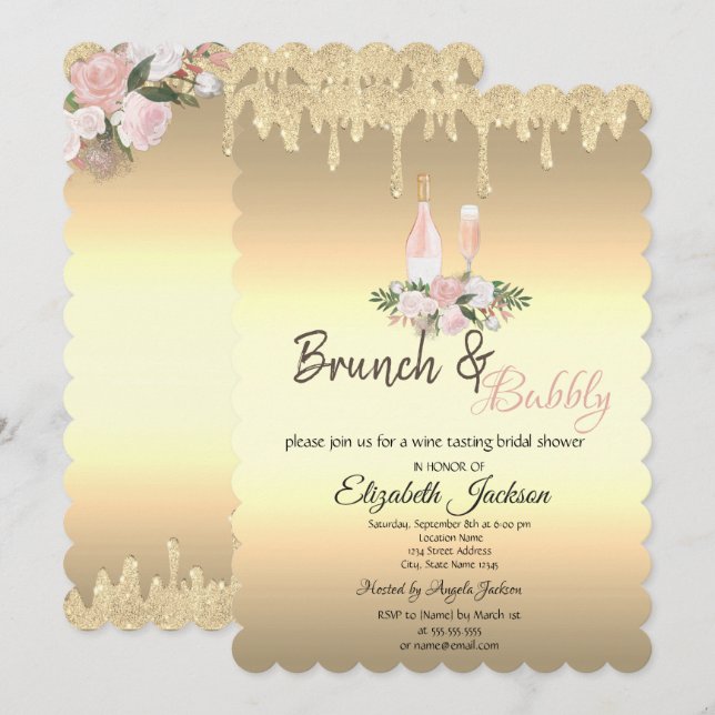Invitation Fête des mariées de Brunch & Bubbly Flowers Gold D (Devant / Derrière)