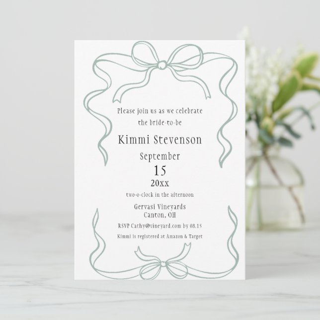 Invitation Fête des mariées de cadre de ruban vert simple (Debout devant)