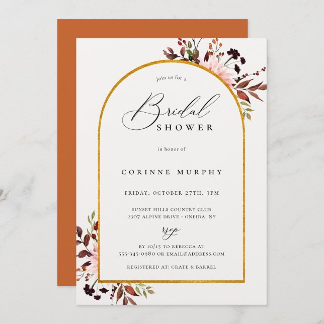 Invitation Fête des mariées de cadre doré rustique d'automne (Devant / Derrière)