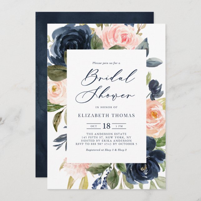 Invitation Fête des mariées de cadre floral Blush & Navy (Devant / Derrière)