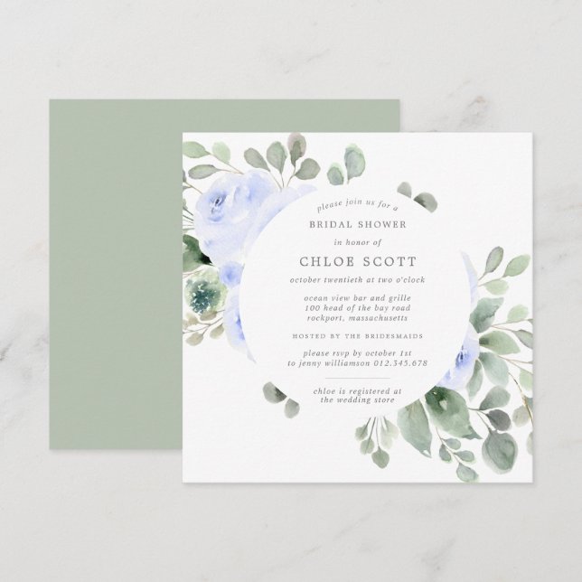 Invitation Fête des mariées de Carré de fleurs bleues (Devant / Derrière)