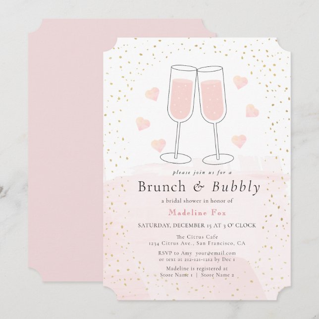 Invitation Fête des mariées de champagne Brunch & Bubbly Pink (Devant / Derrière)