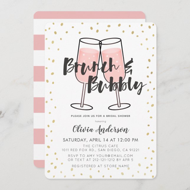 Invitation Fête des mariées de champagne rose brunch & Bubbly (Devant / Derrière)