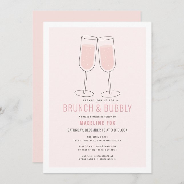 Invitation Fête des mariées de champagne rose brunch & Bubbly (Devant / Derrière)