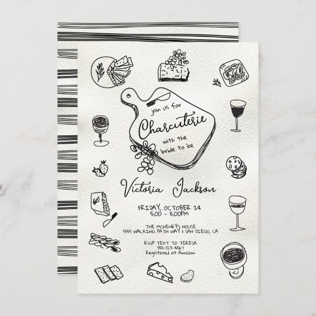 Invitation Fête des mariées de charcuterie tirée à la main (Devant / Derrière)