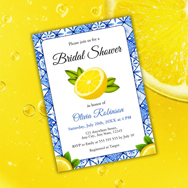 Invitation Fête des mariées de citron en carreaux italiens mé (Mediterranean Italian Blue Tile Lemon Bridal Shower Invitation  )
