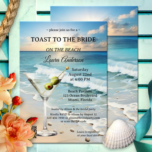 Invitation Fête des mariées de cocktails sur la plage (Bridal shower invitation featuring a watercolor beach at sunset with cocktail drink and QR code )