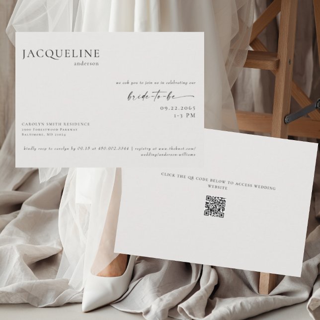 Invitation Fête des mariées de code QR beige contemporain (Créateur téléchargé)