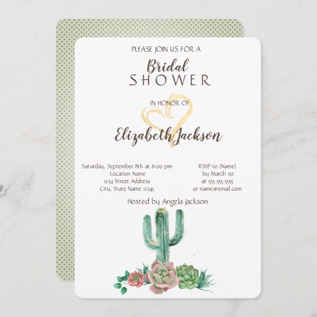 Invitation Fête des mariées de coeur doré Succulent Cactus mo (Devant / Derrière)