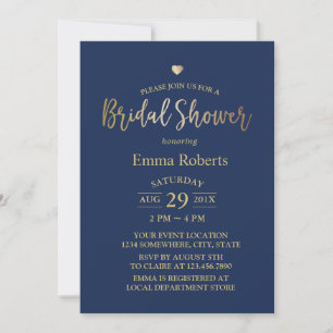 Invitation Fête des mariées de Coeur Or Elegant Bleu Marine