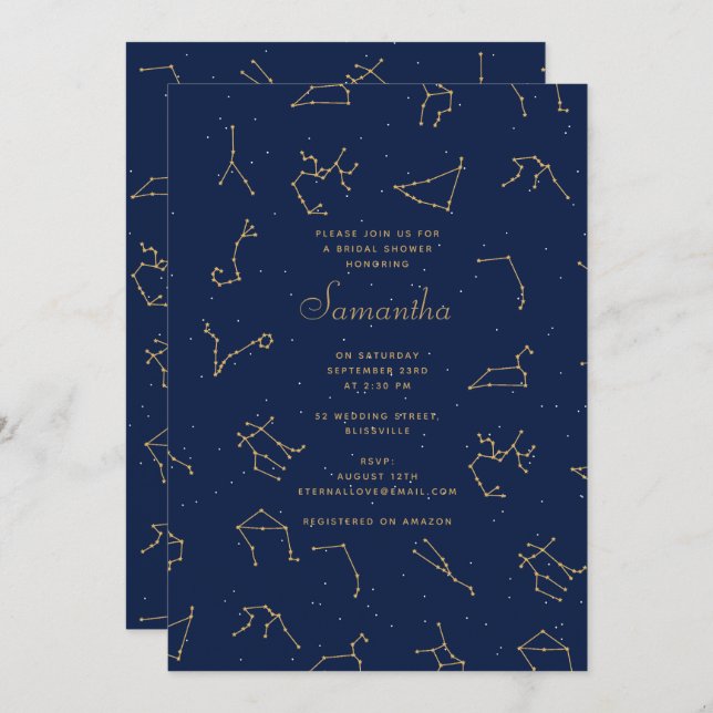 Invitation Fête des mariées de constellations de Zodiac bleu  (Devant / Derrière)