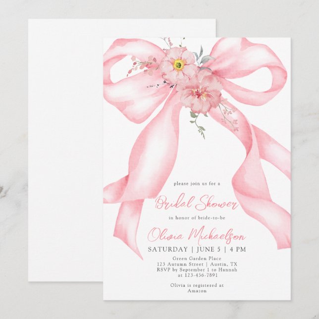 Invitation Fête des mariées de coquette Boho Boho Rose Bow Fl (Devant / Derrière)