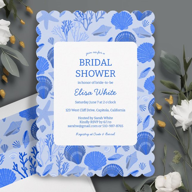 Invitation Fête des mariées de coquillages Elégant Blue Beach (Seashells Bridal Shower Elegant Blue Beach CUSTOM Wedding party Seaside Invitation)