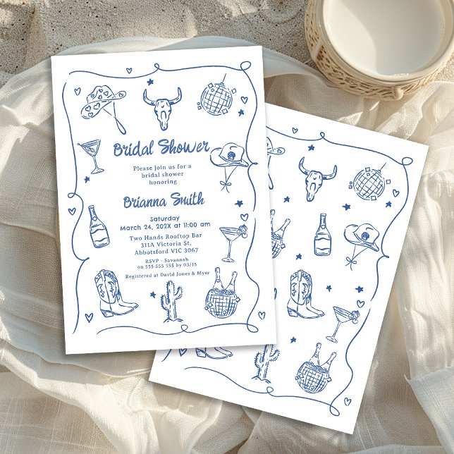 Invitation Fête des mariées de cowgirl en bleu blanc (Whimsical Blue Hand Drawn Bridal Shower Invitation, Western Cowgirl Disco Ball Cowgirl Boots)