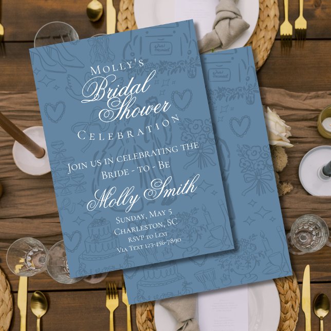 Invitation Fête des mariées de croquis Mariage bleu classique (Classic Wedding Sketch Art invite with modern font – perfect for engagement or bridal celebrations!)