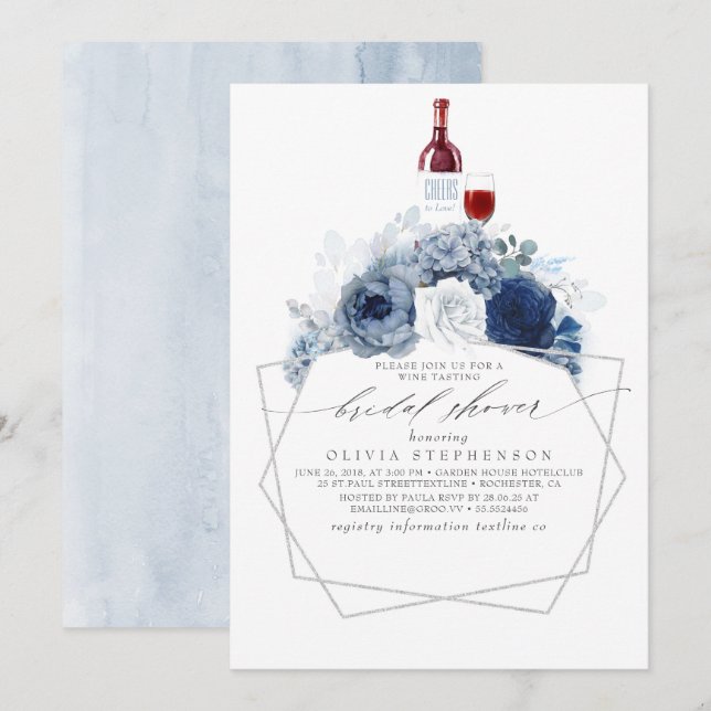 Invitation Fête des mariées de dégustation de vin Dusty Blue  (Devant / Derrière)