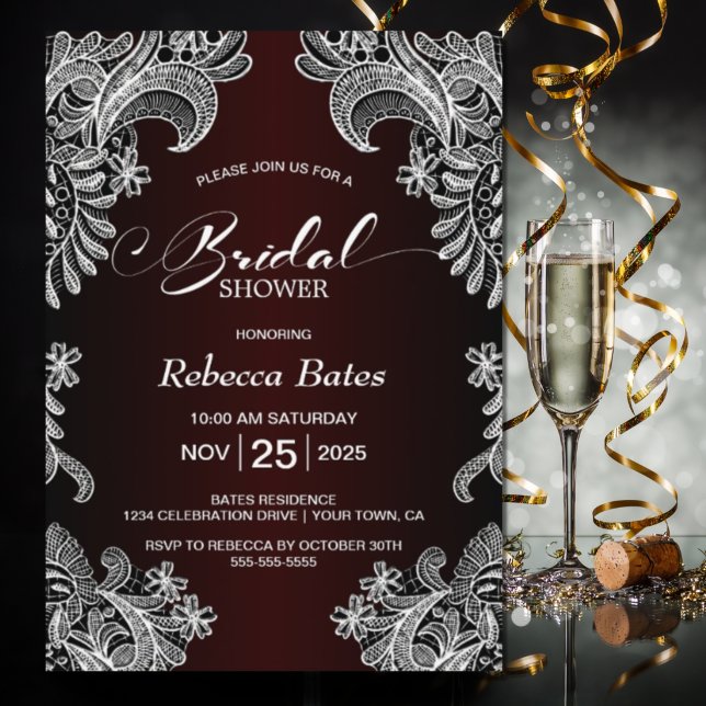 Invitation Fête des mariées de dentelle bordeaux (Créateur téléchargé)