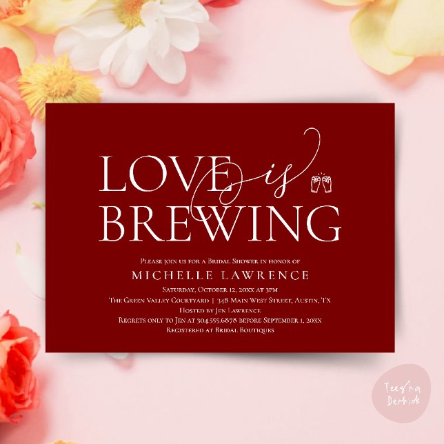 Invitation Fête des mariées de fête de la bière classique, l' (Classy Beer Party Bridal Shower, Love is brewing modern romantic invites Card PDF in Burgundy red)