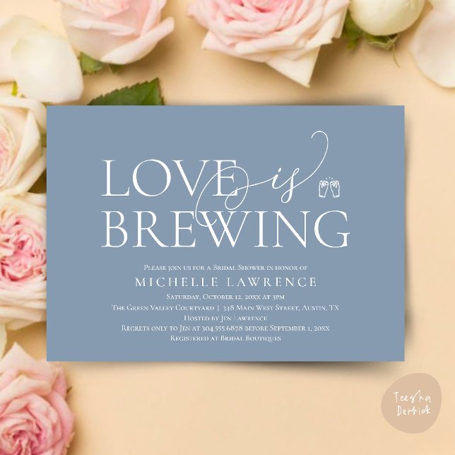 Invitation Fête des mariées de fête de la bière classique, l' (Classy Beer Party Bridal Shower, Love is brewing modern romantic invites Card PDF in Dusty Blue)
