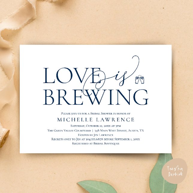 Invitation Fête des mariées de fête de la bière classique, l' (Classy Beer Party Bridal Shower, Love is brewing modern romantic invites Card PDF in Navy Blue)