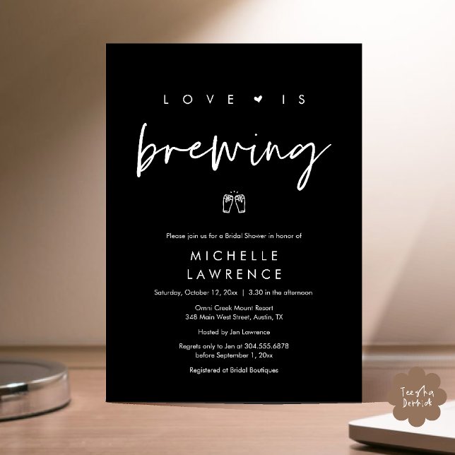 Invitation Fête des mariées de fête de la bière romantique mo (Beer Party Bridal Shower, Love is brewing Invitation card modern romance classy black white)