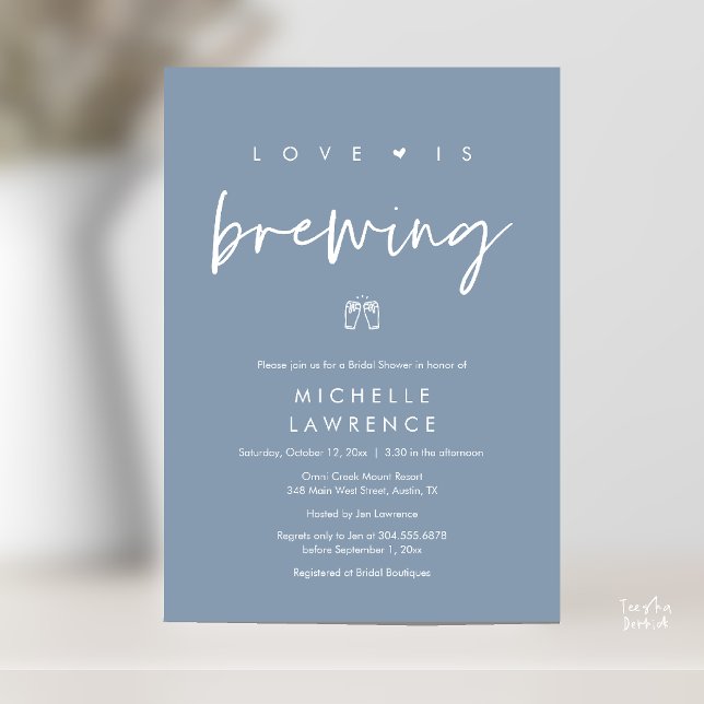 Invitation Fête des mariées de fête de la bière romantique mo (Beer Party Bridal Shower, Love is brewing Invitation card modern romance dusty blue)