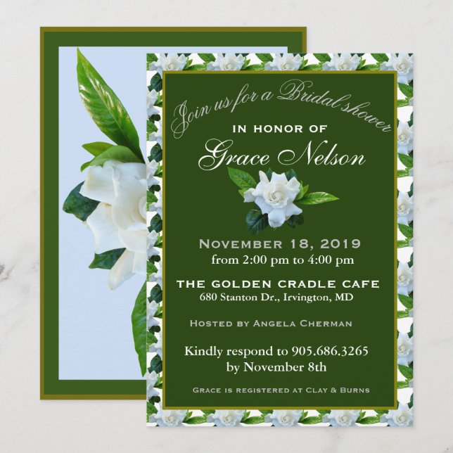 Invitation Fête des mariées de feuillage vert Gardenia blanc (Devant / Derrière)