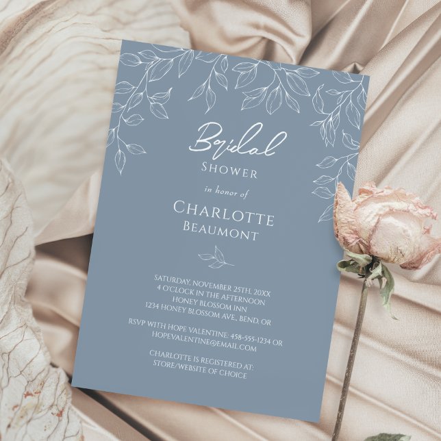 Invitation Fête des mariées de feuille minimale bleu poussiér (Créateur téléchargé)