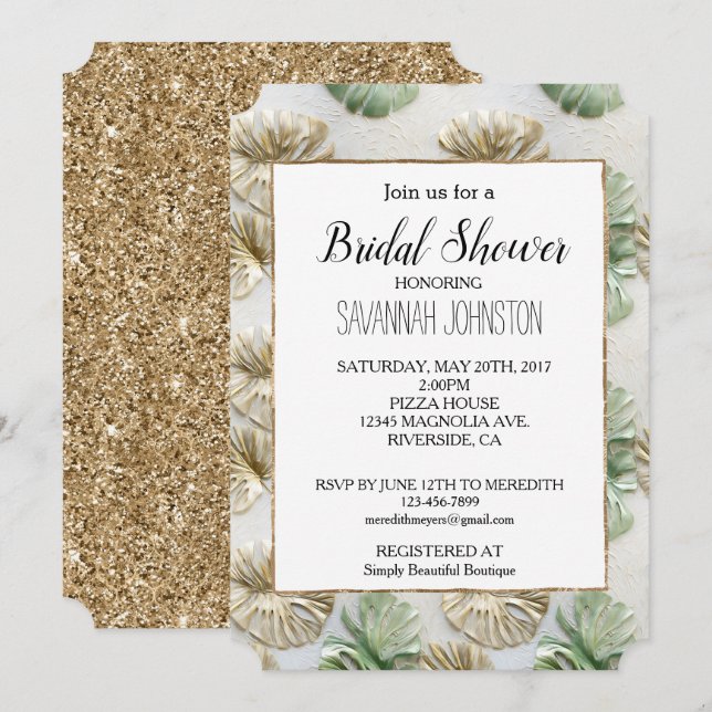 Invitation Fête des mariées de Feuilles Tropical Blanc Vert O (Devant / Derrière)