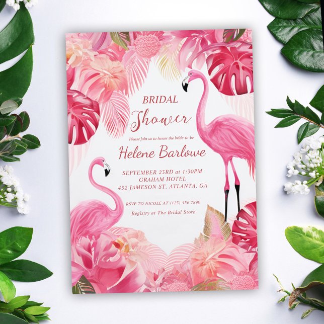 Invitation Fête des mariées de Flamant rose rose tropical (Pink Tropical Flamingo Bridal Shower Invitation)