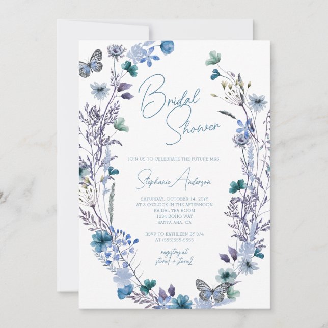 Invitation Fête des mariées de Fleur sauvage Boho bleu périph (Devant)