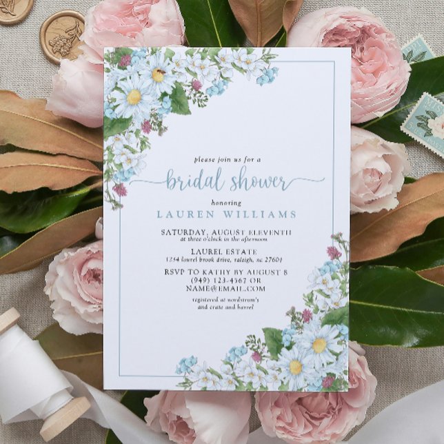 Invitation Fête des mariées de Fleur sauvage rustique Dusty B (Rustic Dusty Blue Script Wildflower Bridal Shower Invitation!)