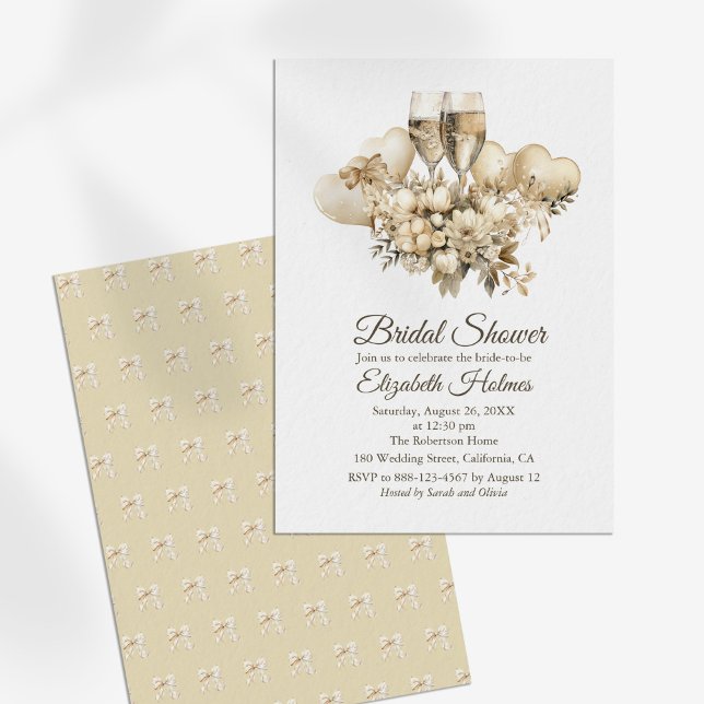 Invitation Fête des mariées de Fleurs de Champagne Brunch et  (Brunch and Bubbly Champagne Flowers Bridal Shower Invitation on a sunny white table.)