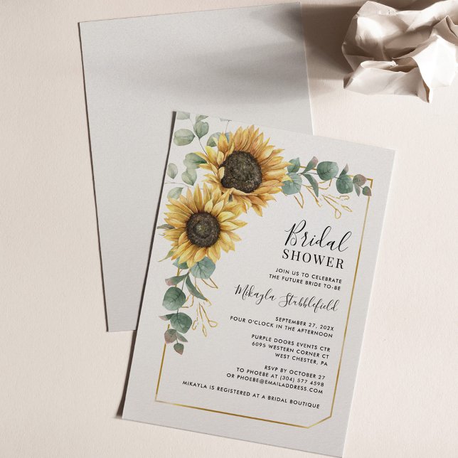 Invitation Fête des mariées de fleurs de tournesol Eucalyptus (Sunflower Eucalyptus Script Typography Bridal Shower Invitation)