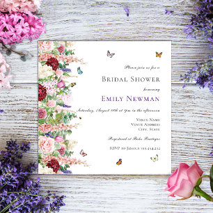 Invitation Fête des mariées de fleurs et papillons violets ro