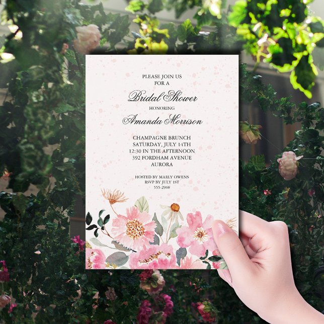 Invitation Fête des mariées de fleurs roses du jardin (Watercolor pink garden flowers bridal shower invitations)