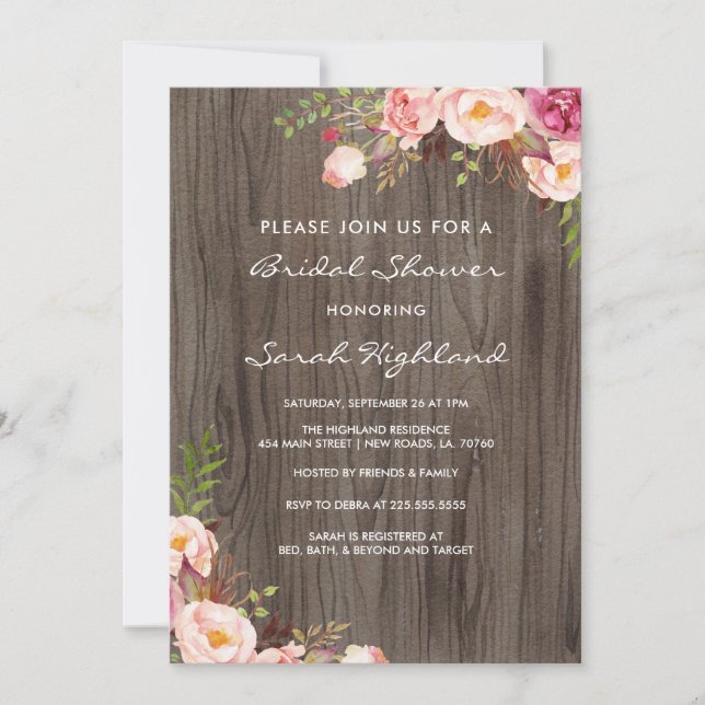 Invitation Fête des mariées de fleurs roses rousses rustiques (Devant)
