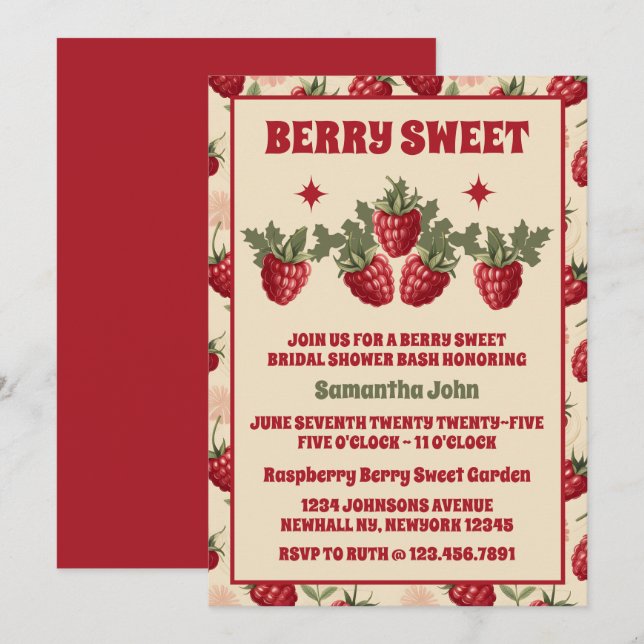 Invitation Fête des mariées de framboise rétro (Devant / Derrière)