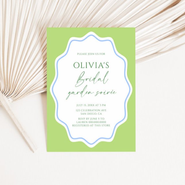 Invitation Fête des mariées de jardin à cadre bleu vert (Créateur téléchargé)