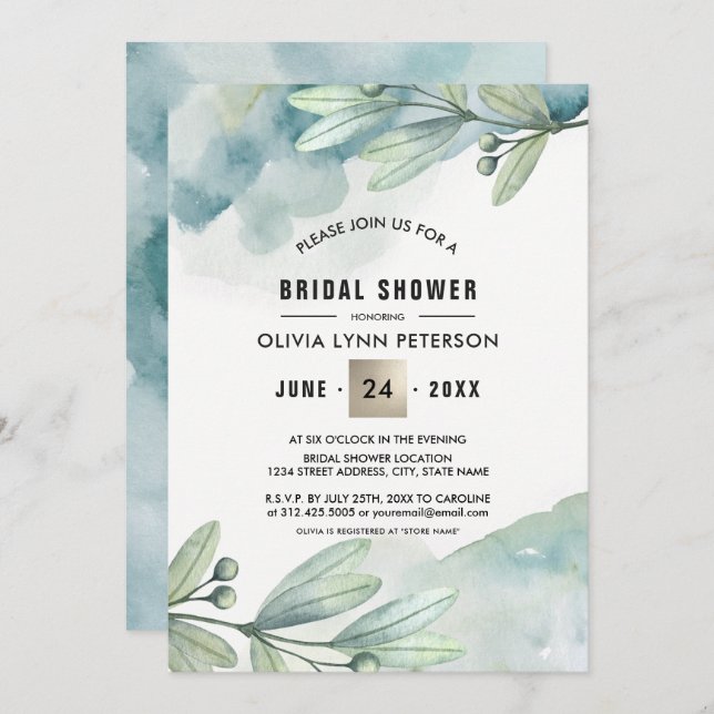 Invitation Fête des mariées de la branche de Berry Green Blue (Devant / Derrière)