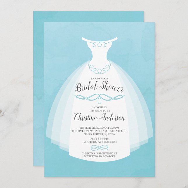 Invitation Fête des mariées de la mariée d'aquarelle bleue (Devant / Derrière)