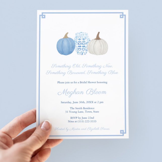 Invitation Fête des mariées de la Preppy bleue empruntée par  (Something Blue Bridal Shower Invitation With Light Blue And White Pumpkins And Ginger Jar. Greek Key)