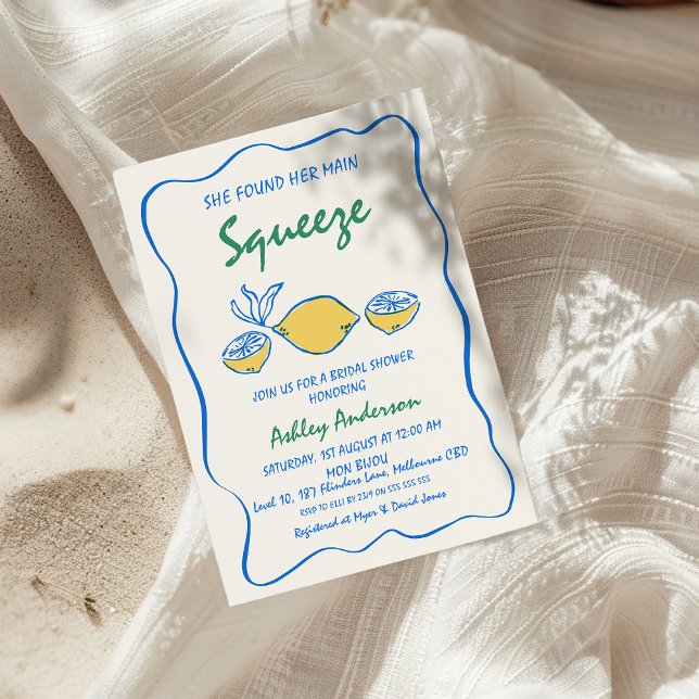 Invitation Fête des mariées de la taille principale dessinée  (Whimsical She Found Her Main Squeeze Bridal Shower Invitation, Drawn Lemon Bridal Shower Invitation,)